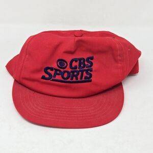 Vintage 90s CBS Sports Hat Red Leather StrapBack Media TV Cap Atlas MADE IN USA